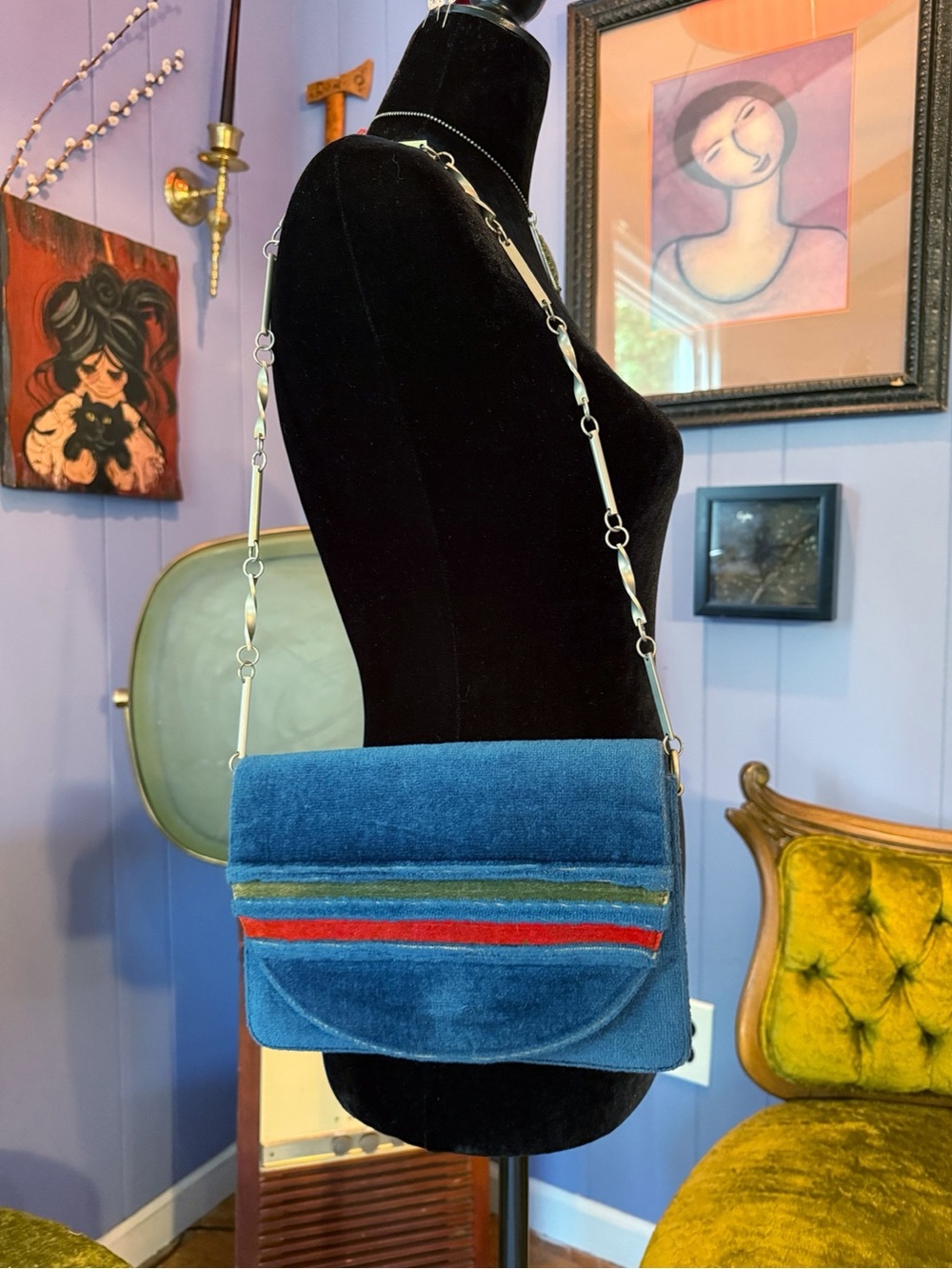 Vintage 90s Blue Velvet Striped Geometric Chain Clutch/Shoulder Bag